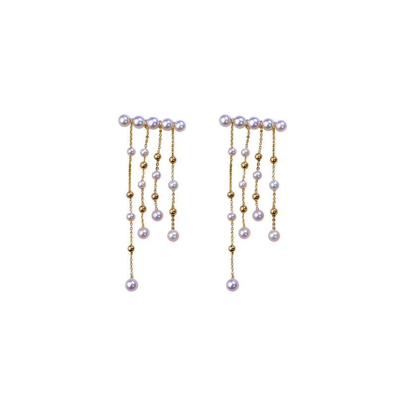 18K Gold Natural Akoya Seawater Pearl Earrings - 2-5mm Hanadama-Grade Aurora Fringe Drop Earrings