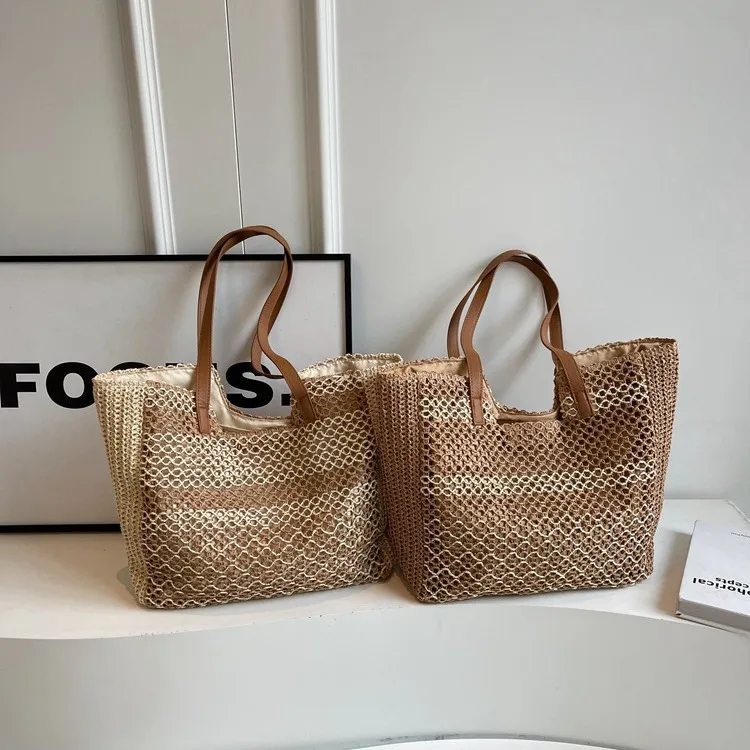 Knitted large bag for women in spring and summer 2024 new high-end texture artistic style shoulder bag hollowed out grass