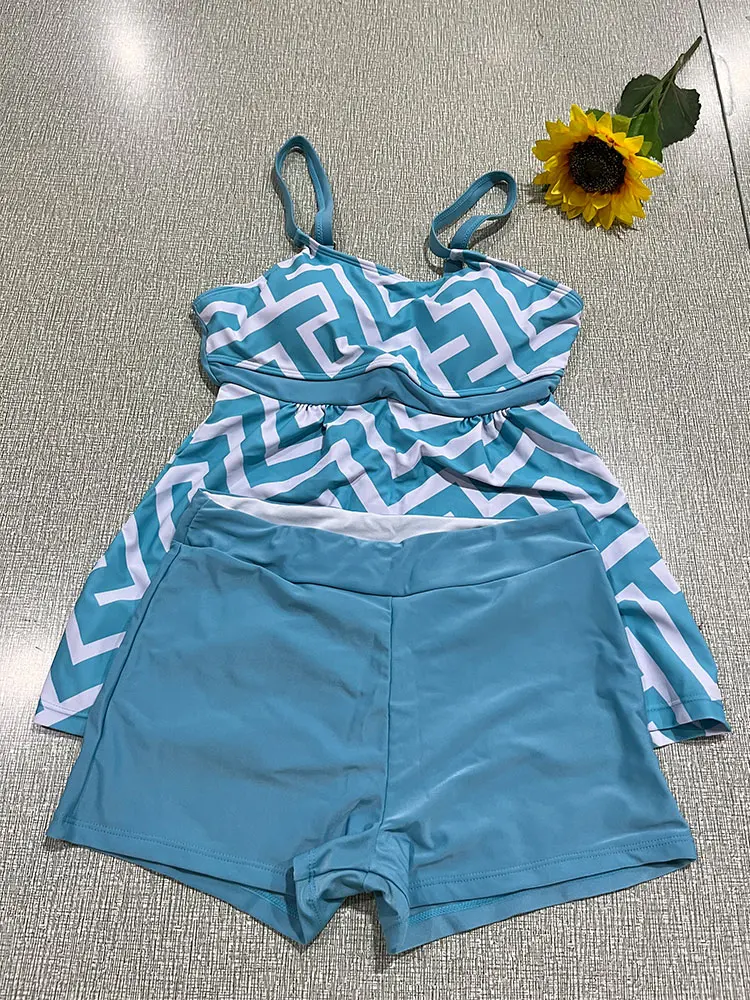 Set Tankini motif geometris Cyan