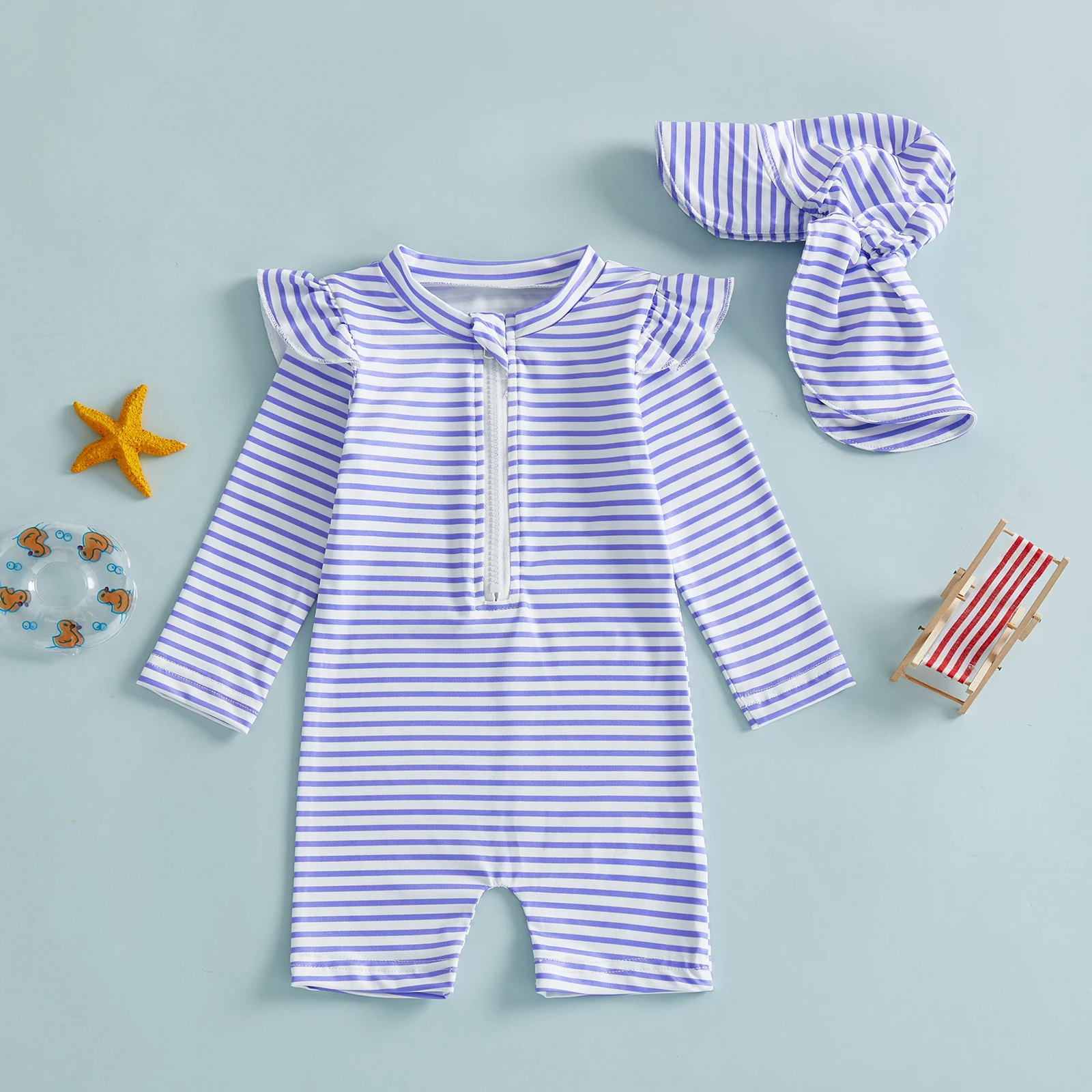 

Купальный костюм-комбинезон для девочек с длинным рукавом, круглым вырезом, в полоску, с защитой от солнца, с шапочкой для плавания