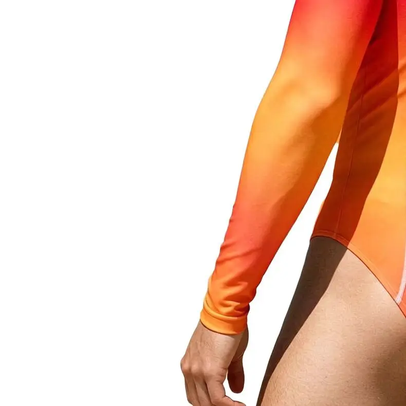 Men One Piece Gradient Swimming Bodysuit Long Sleeve Zipper Front Quick-dry Stretchy Leotard for Surfing Diving Workout Training
