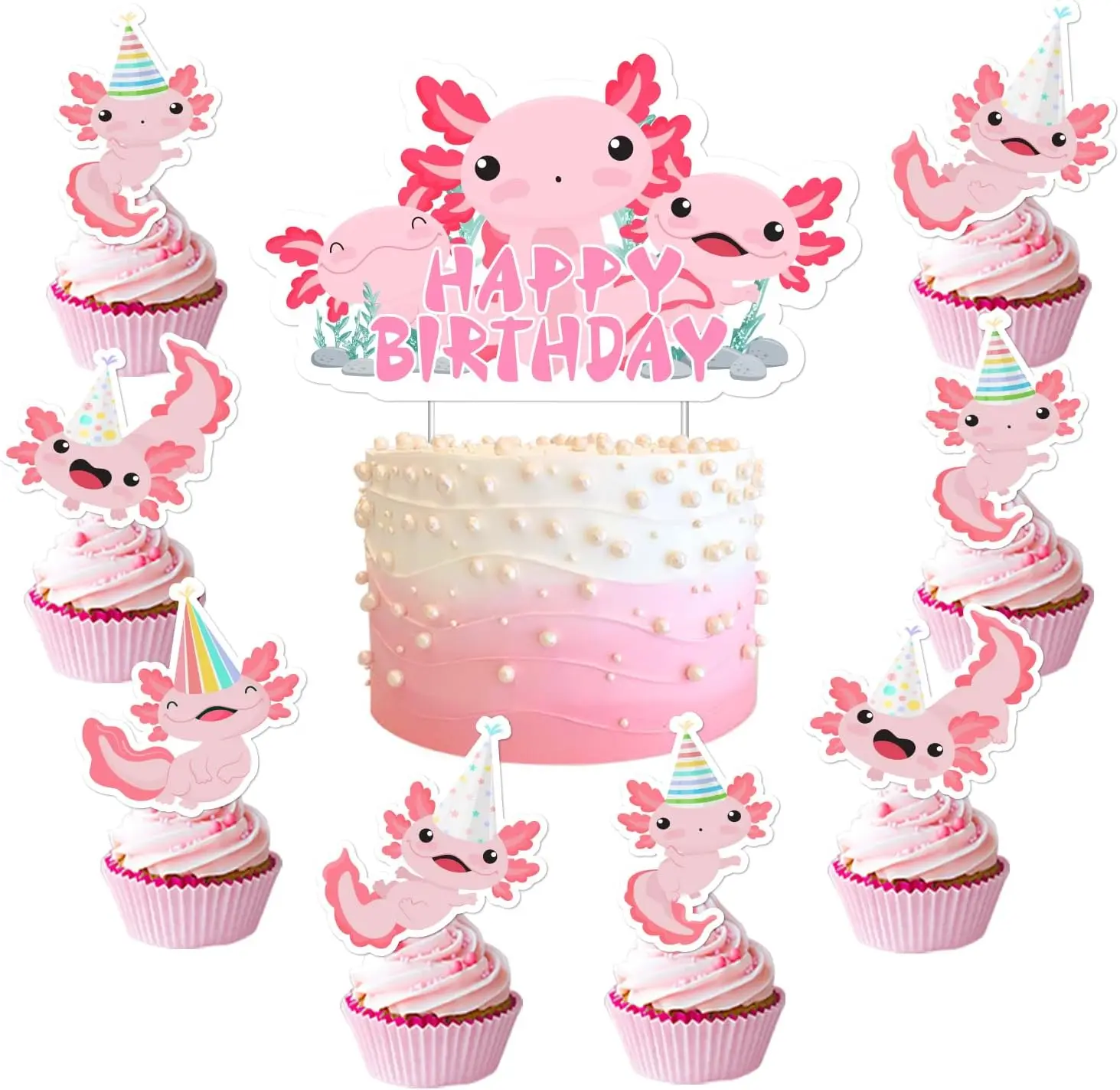 Cheereveal Axolotl Cake Toppers Pink Salamander Happy Birthday Dinosaur Cute Cartoon Newt Cake Decor Animal Theme Party Decor