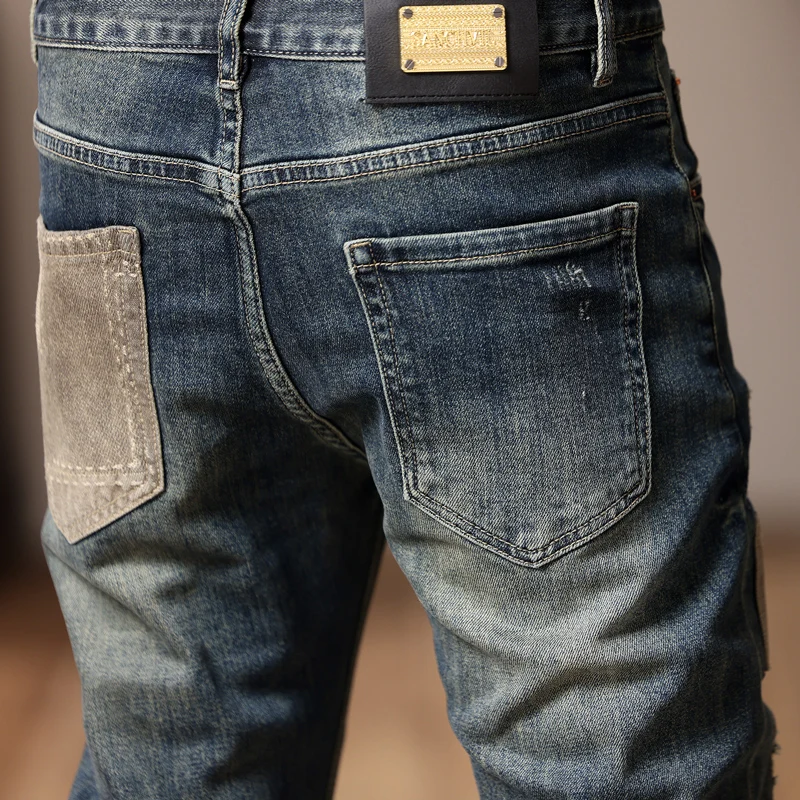 Streetwear Fashion Men Jeans Retro Washed Blue Stretch Skinny Fit Ripped Jeans Men Patched Designer Hip Hop Denim Pencil Pants