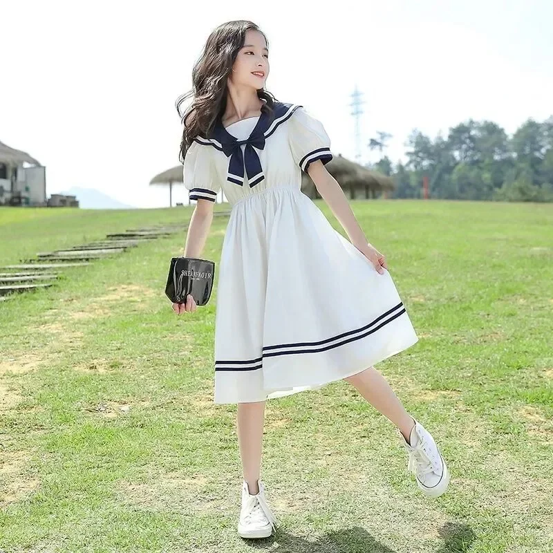 2024 Summer New retro Girls long Dress Sailor Collar Teens Casual striped JK Dress Patchwork puff sleeve Clothes 4 9 10 12 year