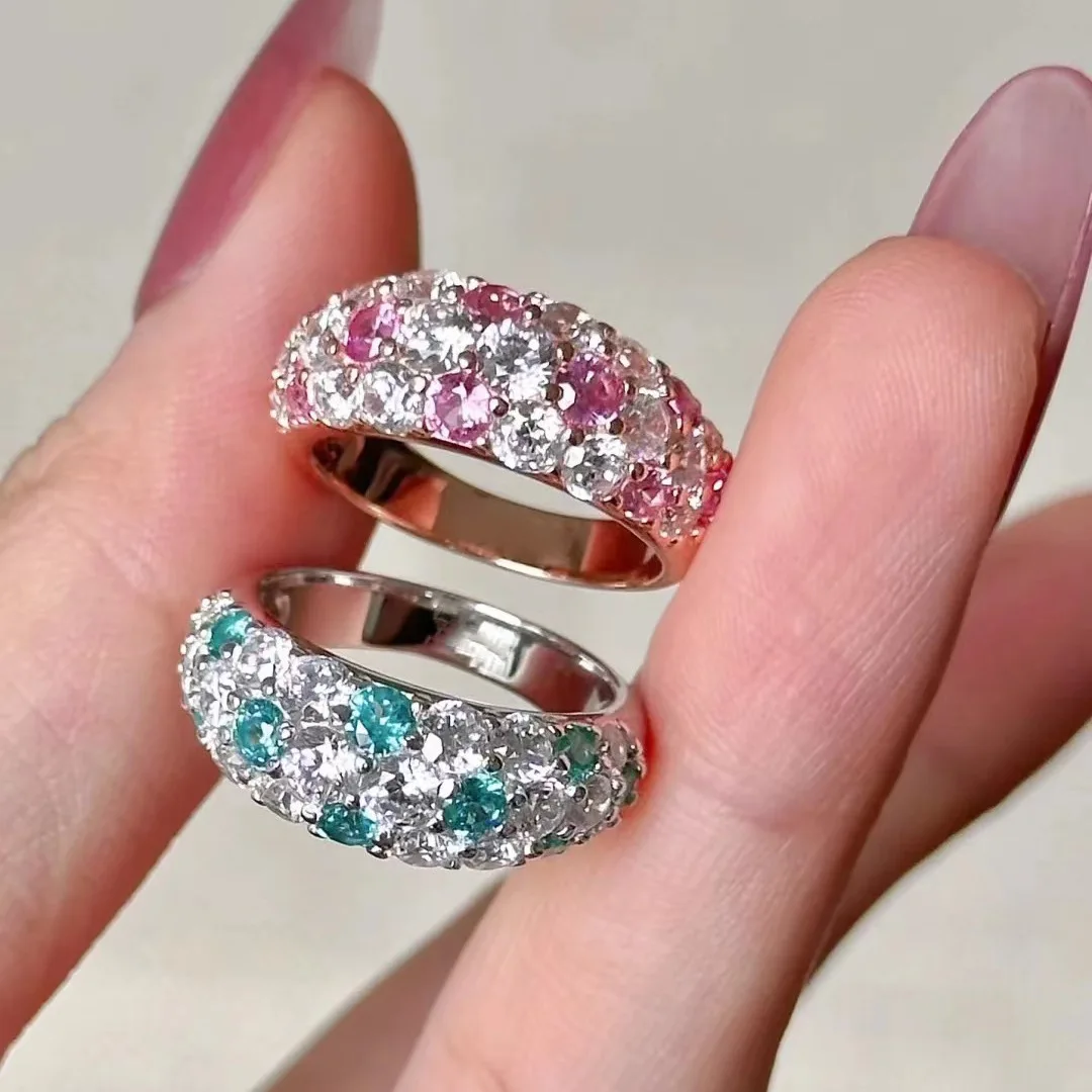 New Fashion Inlaid Pink Blue Zircon Women's Ring with Adjustable Size Jewelry Wedding Ball Party Accessories Festival Gifts