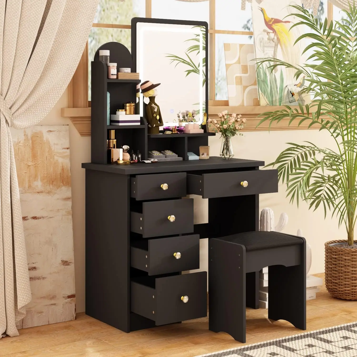 Black Vanity Set with Mirror, Makeup Vanity Dressing Table with Lighted Mirror, 5 Drawers, Shelves, Dresser Desk and Cushioned