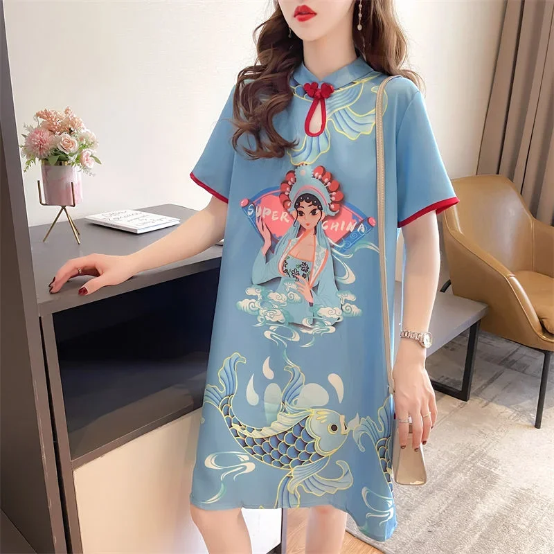 DAYIFUN-Summer Ethnic Chinese Style Dresses,Lady,Loose,Cheongsam Vintage,Printed,Women's Clothing,Lace Panel Short Sleeve Dress