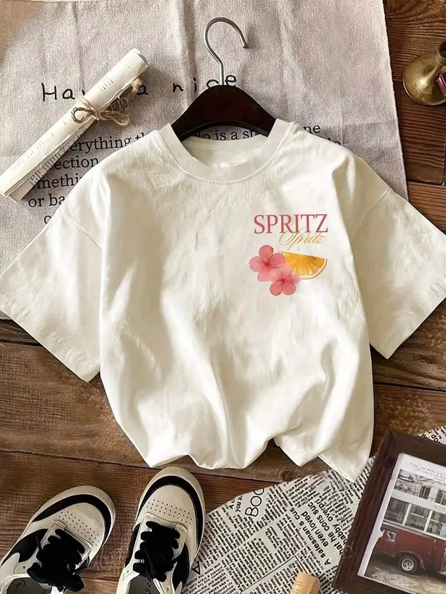 كارتون كوكتيل وطباعة حروف جولة الرقبة أعلى أسلوب بسيط ومتعدد الاستخدامات المرأة الصيف عارضة قصيرة الأكمام أعلى #2