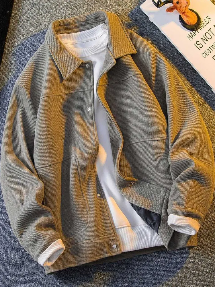 

2025 New Men's Textured Collar Jaet Autumn Winter Warm Casual American Trendy Simple Outerwear High-End Feeling Polyester
