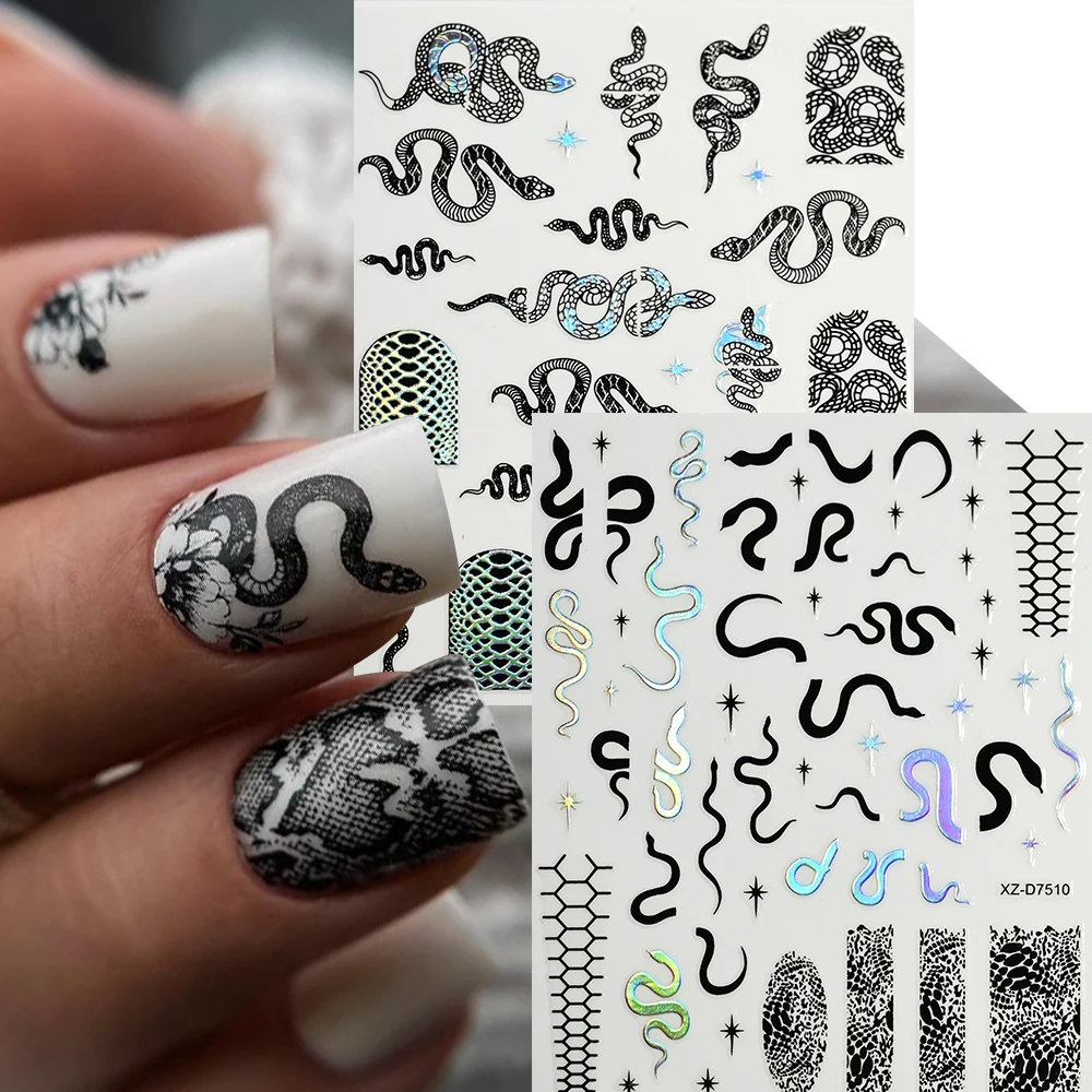 12Pcs/set Laser Silver Snake Nail Stickers Retro Animals Snake Print French Nail Decals 10*8cm Self-Adhesive Snake Nail Sliders