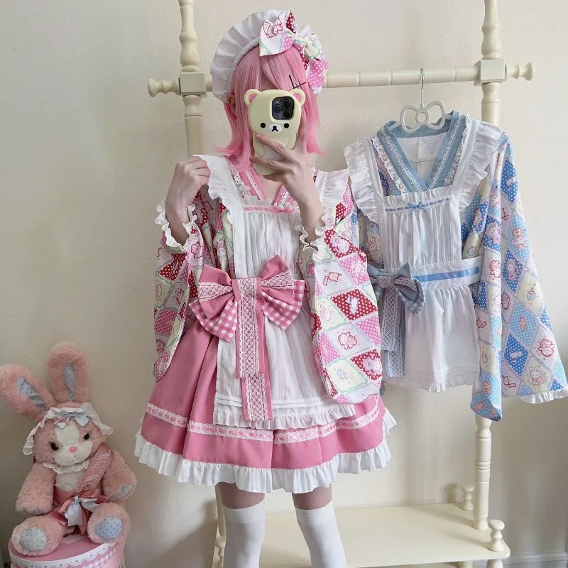 Japanese Sweet Suger Girl Lolita Dresses Cute Heaty Maid Summer Skirt Shirt Apron Bow Tie Sets Jsk Cosplay Outfits Spring Fall