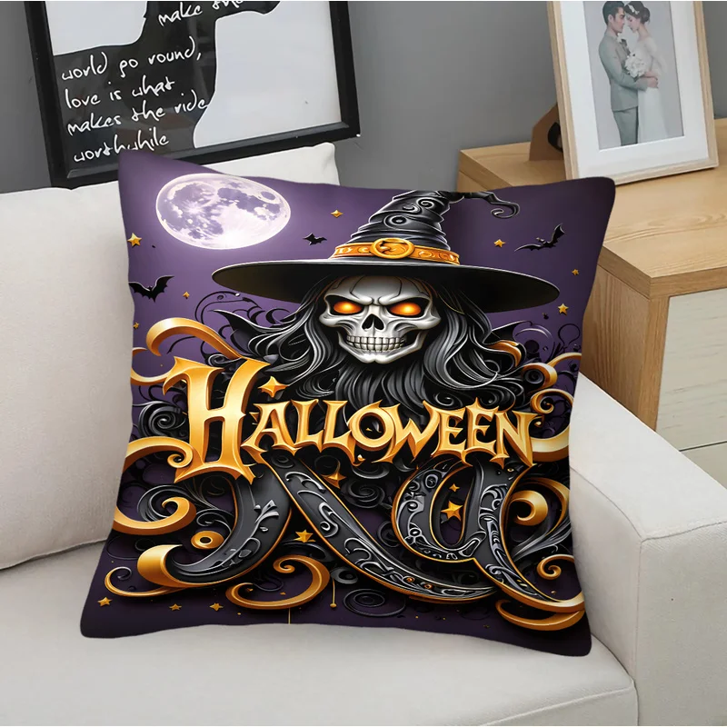 Happy Halloween Throw Pillow With Pillow Inserts Castle Pumpkin Skeleton Spider Print Square Cushion Bed Sofa Decor Holiday Gift