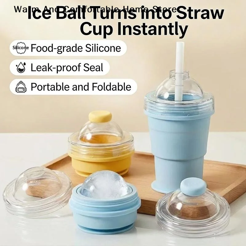 【SE】New Portable Foldable Ice Ball Cup With Built-in Straw Food-Grade Silicone Ice Maker Mold Summer Outdoor Travel Tumbler
