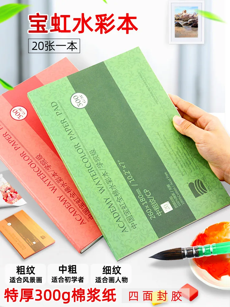 Baohong Watercolor Paper 300g cotton pulp 8k16K4 four-sided sealing medium-coarse fine lines China Baoding special painting book