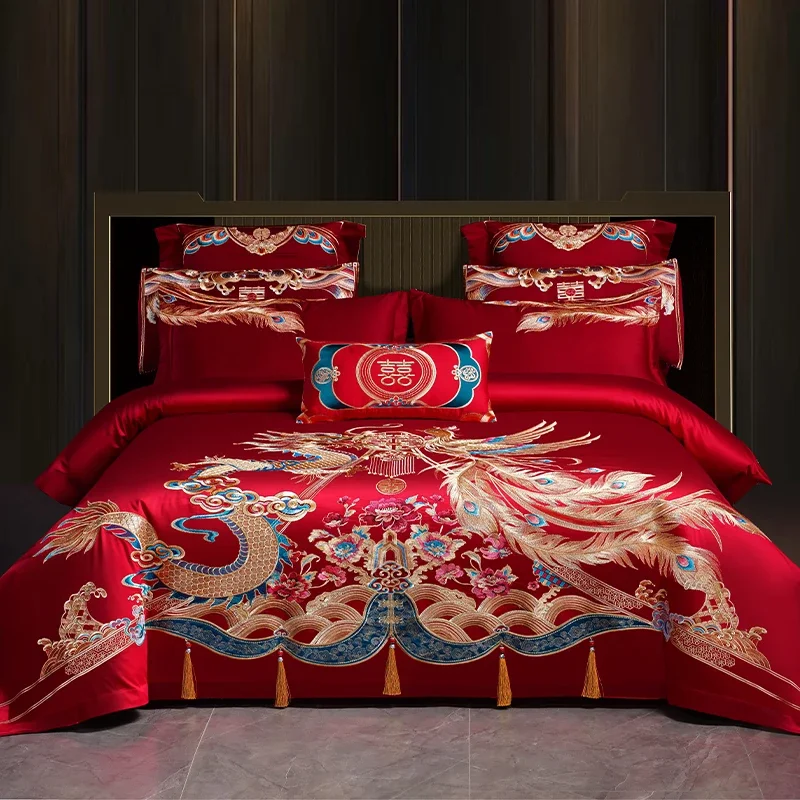 4/6/9Pcs Luxury Chinese Dragon Phoenix Embroidery With Tassel Wedding Bedding Set 100% Cotton Duvet Cover Bed Sheet Pillowcases