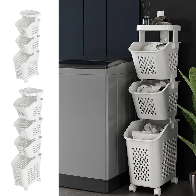 360 Degrees Swivelling Laundry Hamper Basket With Wheels Multi-layer Movable Household Storage Rack For Kitchen Bathroom Laundry