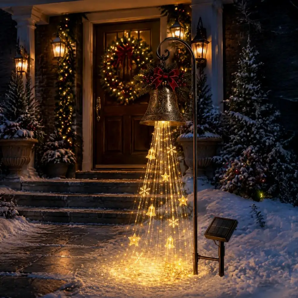 Outdoor Holiday Yard Decorations Solar Christmas Bell Waterfall Light Led Metal Garden Stake with Ribbon Waterproof for Yard