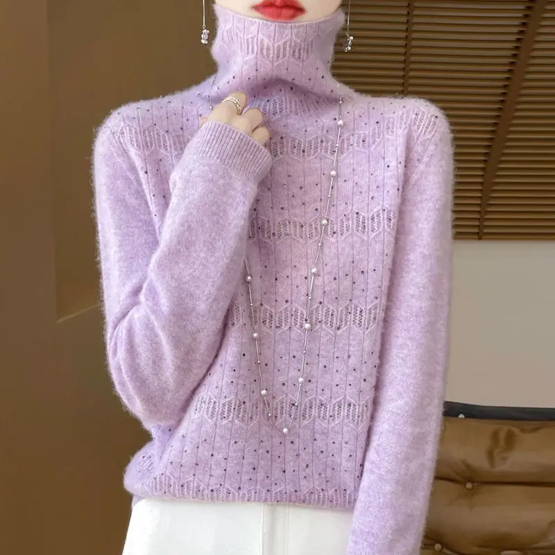 

Women's Pullover Long-sleeved Sweater Knitted Turtleneck Fashionable Bottoming Shirt Casual Hot Diamond Top