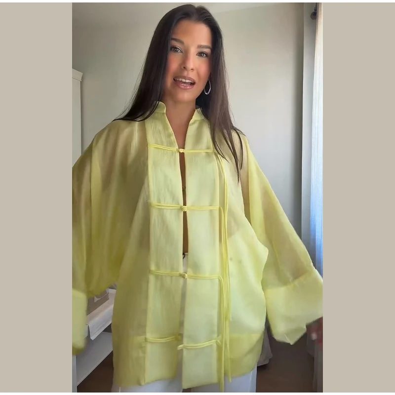 Elegant Chinese Style Frog Button Blouse Sheer Wide Sleeve Loose Fit 2026 Summer Office Casual Chic Breathable Wear Women Top