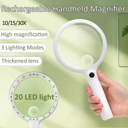 10/15/30X Rechargeable Handheld Magnifier Illuminated Magnifier with 3 LED Lighting Modes Magnifying Glass for Repair Reading
