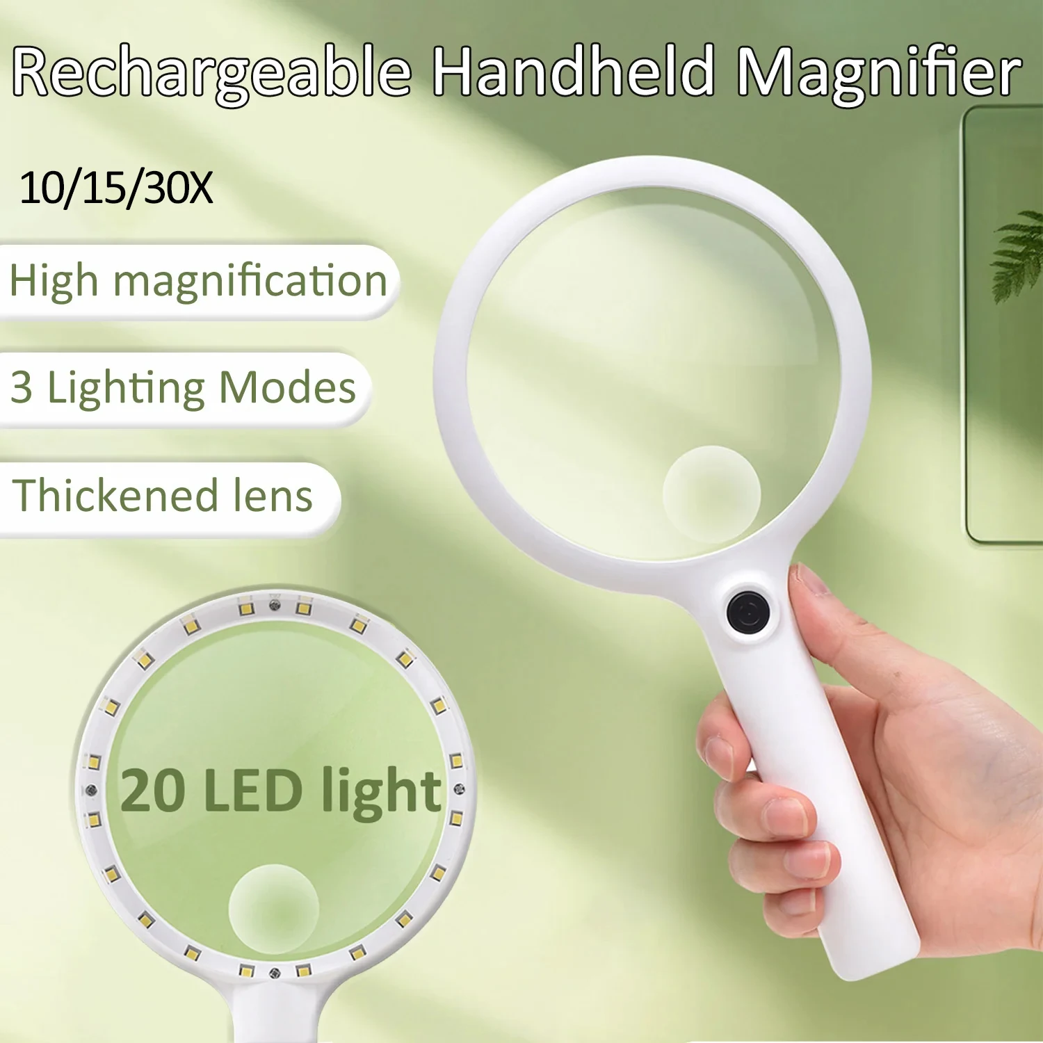 10/15/30X Rechargeable Handheld Magnifier Illuminated Magnifier with 3 LED Lighting Modes Magnifying Glass for Repair Reading