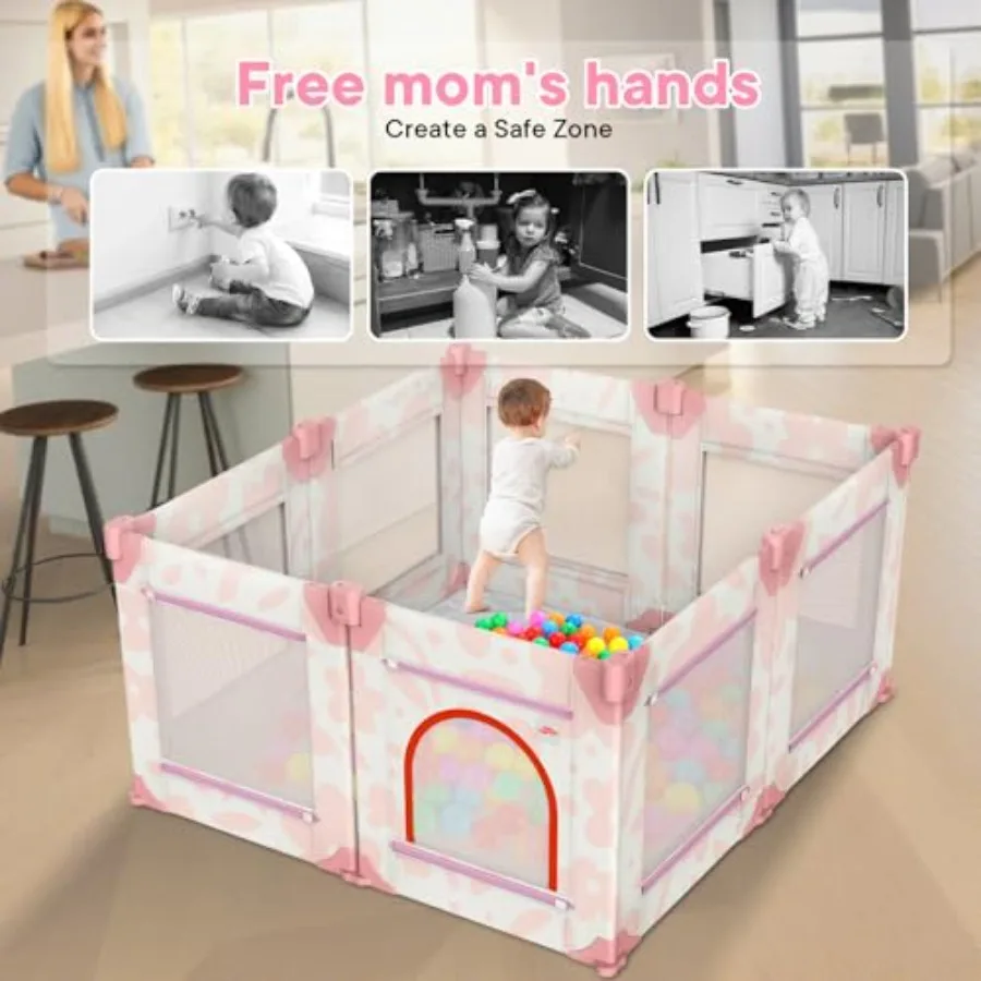 روضة أطفال، قلم لعب 50 × 50 بوصة للأطفال الرضع والأطفال الصغار مع شبكة مسامية، لعب مع بوابة (زهور وردية، حصيرة غير متضمنة) #4