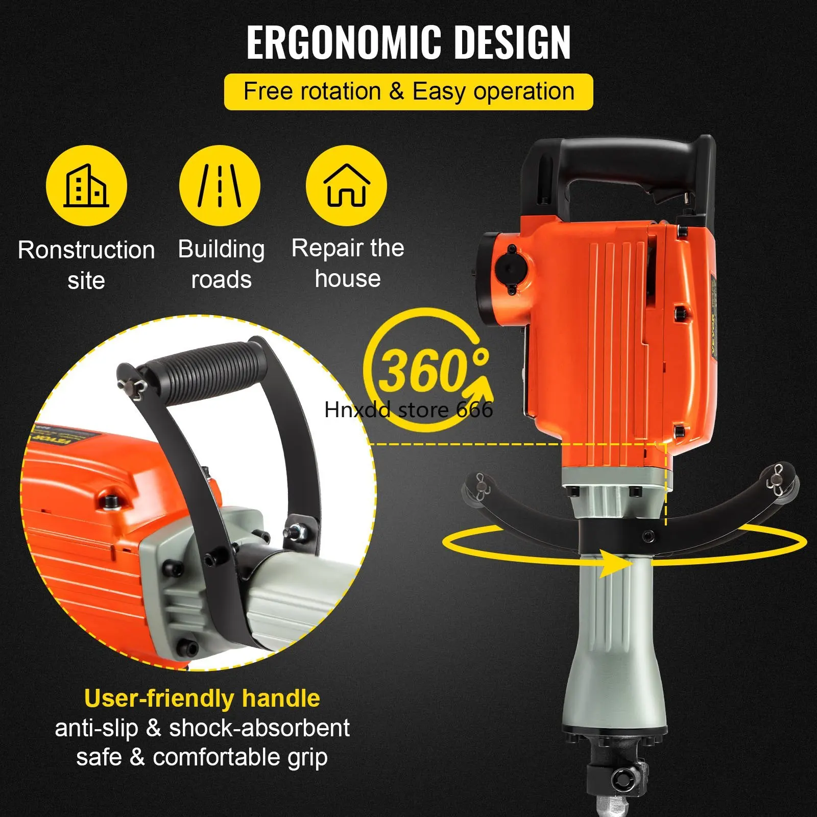 2200W Electric Demolition Jack Hammer 4 Bits Clay Spade Chisel & Scraping & Flat Chisel & Pointed Chisel 1400 RPM