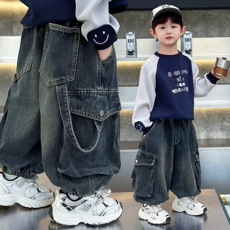Children's Jeans Boys Fashion Casual Denim Cargo Jeans with Multiple Practical Functional Pockets and Comfortable Elastic Waist