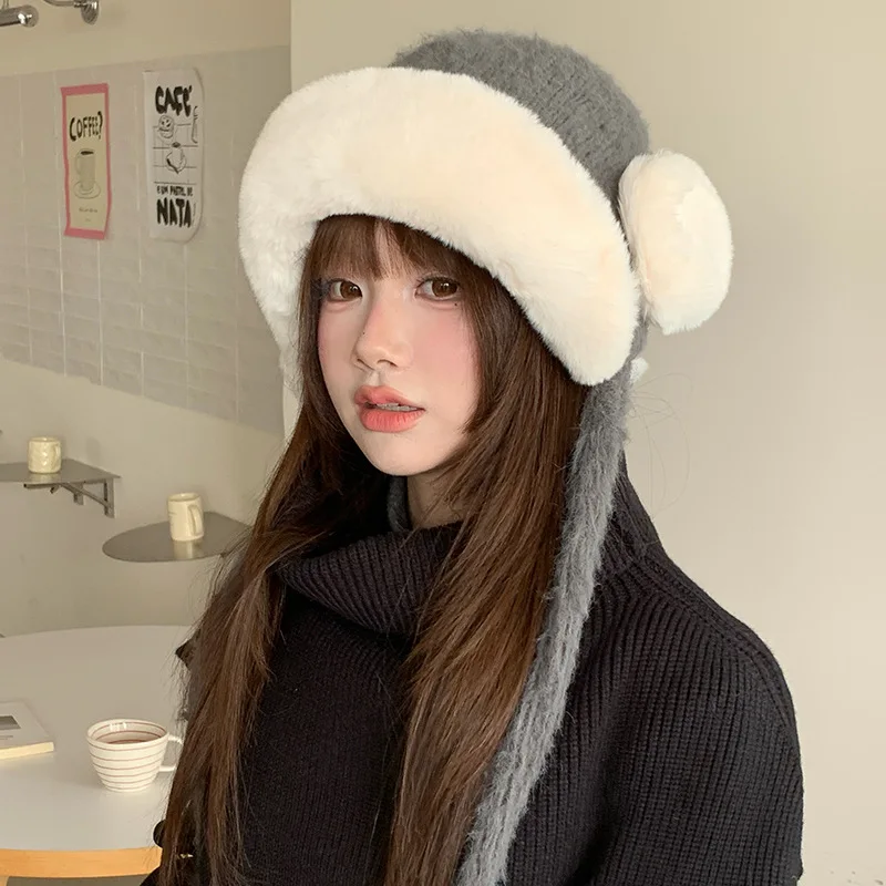 Faux Plush Thickened Trapper Hat For Women Tie String Earflap Winter Windproof Warm Large Head Circumference Knit Head Wrap