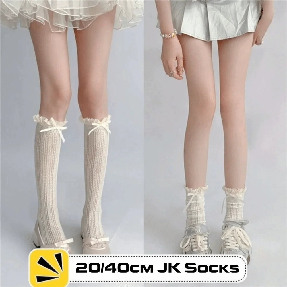 1 Pair Thin Hollow Lace JK Socks Solid Color Mesh Fishnet Calf Socks Ruffles Design Bowknot Design Long Socks Girls Wear