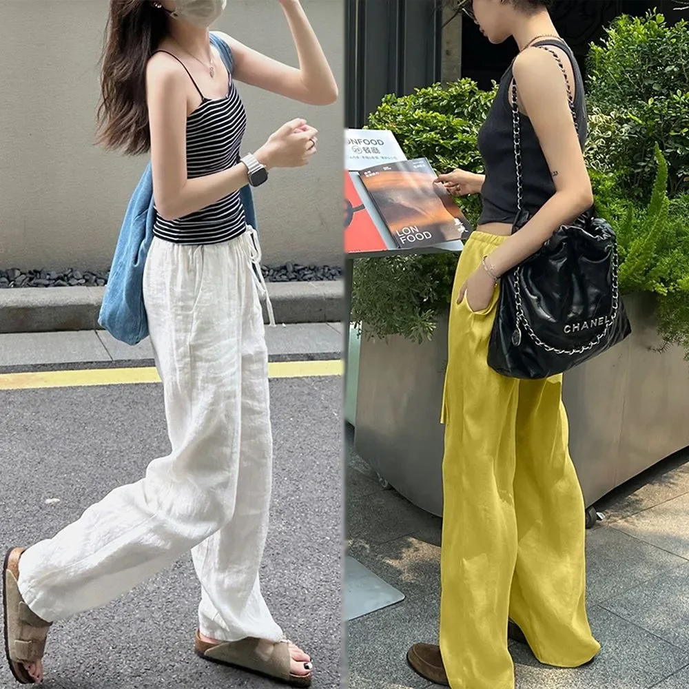 Women Fashion Pants Summer Autumn Straight Wide Leg Minimalist Cotton Linen Casual Trousers