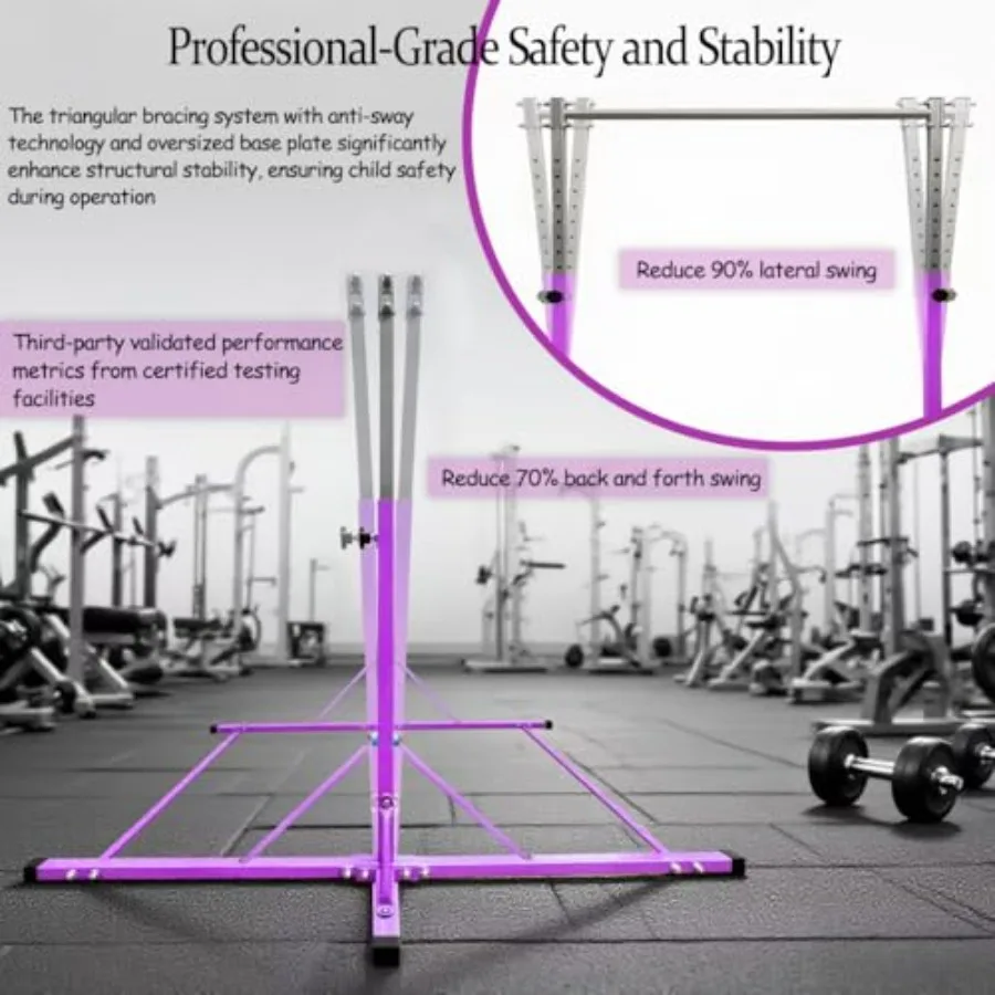 Gymnastics Bar for Ages 3-15 Steel Black Adjustable Height 3' to 5' Steady Anti-Slip Construction for Home Indoor Training
