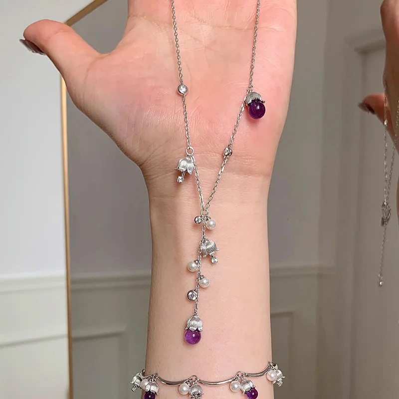 Exquisite purple crystal lily of the valley brushed tassel Y-shaped chain long necklaces accessory dreamy pearl jewelry gifts