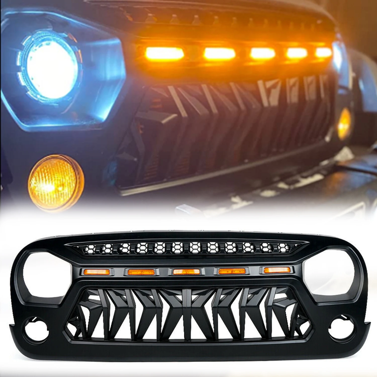 

1 Set Black ABS Front Grill With Light For Jeep For Wrangler JK 2007-2017 J394