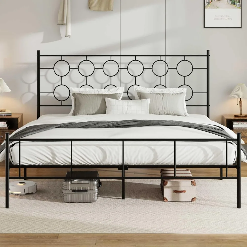 King Size Classic Metal Platform Bed Frame with Headboard and Footboard, Victorian Style Iron Bedframe with 12 inch of Storage U