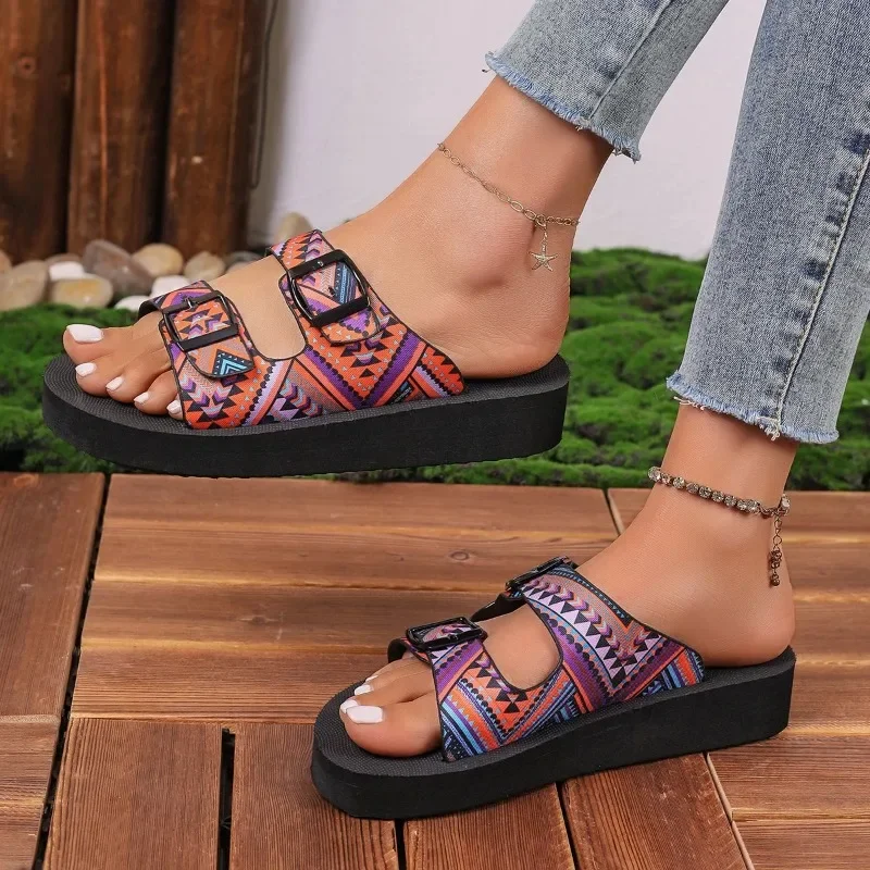 Summer Print Random Flats Women\'s Flip Flops Outdoor Beach Sandals Outdoor All-match Casual Slippers Large Size Women Sandals