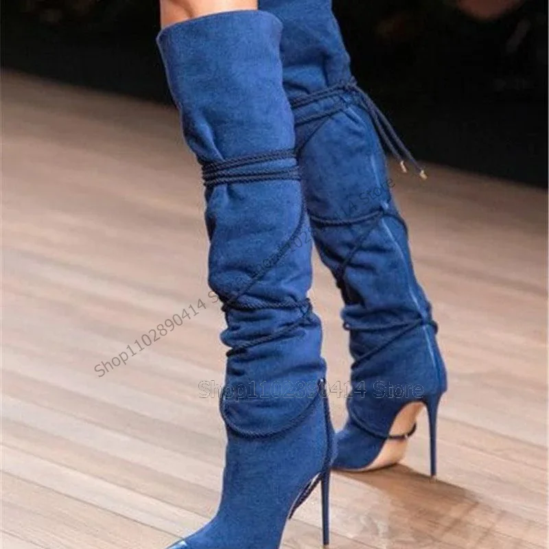 Botas de couro envernizado para mulheres, zíper traseiro, salto alto fino, patchwork azul marinho, sapatos de passarela, novo, 2023