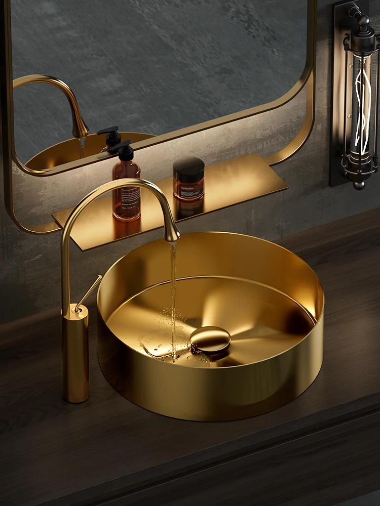 

Gold stainless steel countertop basin light luxury thin edge integrated art basin bathroom black round washbasin