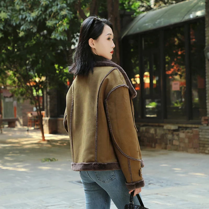 Suede Fur One Lamb Coat Women 2024 New Winter Thickened With Fleece Small Motorcycle Suit