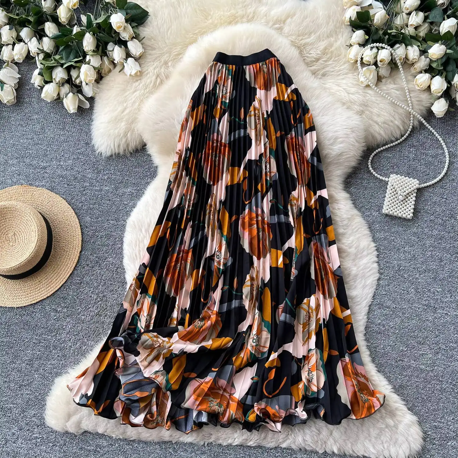 Vacation Style Floral Boho Pleated Long Skirts Women 2026 Summer High Waist Casual A-line Maxi Skirt