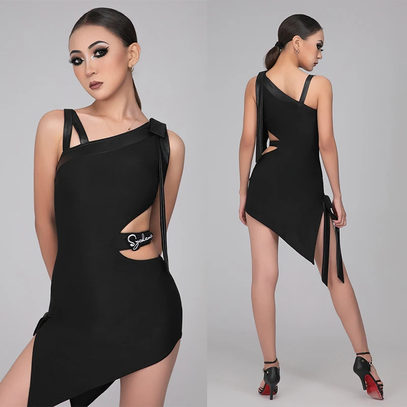 

Black Latin Dance Dress Women Slant Shoulder Cutout Irreguar Dress Rumba Tango Dance Practice Clothes Performance Wear DNV22058