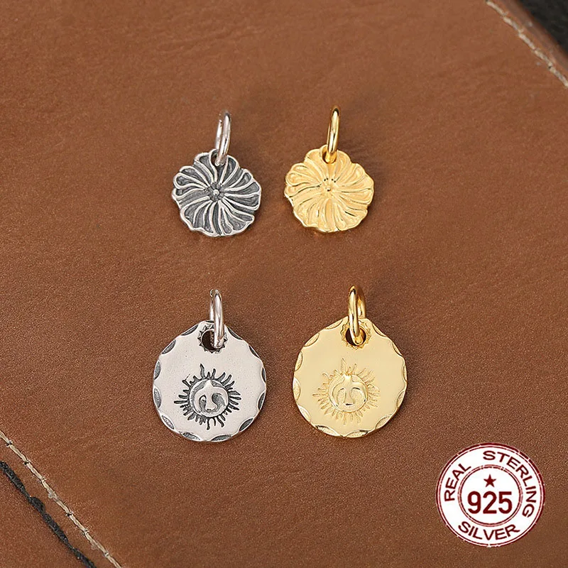 

S925 pure silver gold-plated DIY small silver cake pendant with retro and niche texture Flower Eagle Pendant Personalized