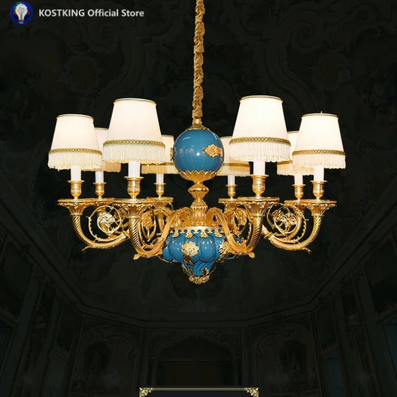 European Style Full Copper Fabric Shade Chandelier Bedroom Study Living Room Hotel Aisle Decorative Pendent Light