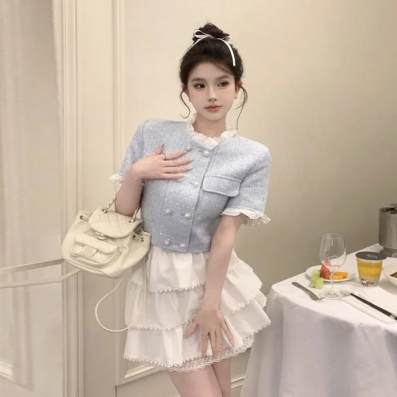 Korean Sweet Stand Collar Double Breasted Coat Cake Skirt Two-piece Set Women Fashion Flounce Lace Splice Bead Slim Summer Suit