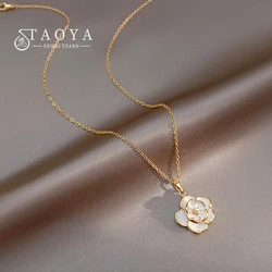 French Romantic Elegant White Enamel Camellia Flower Pendant Necklace 2025 Women's Fashion Jewelry Luxury Accessories For Girls