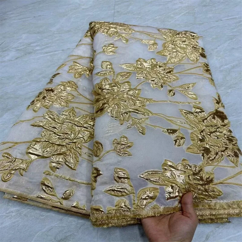 African Brocade Jacquard Damask Fabric for Women, Nigerian Floral Gilding Lace Material, Brocard Tissu, 5Yard, Gold, New