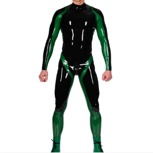 Latex gummi rubber schwarz&metallic grün catsuit beiläufig mode sport bodysuit