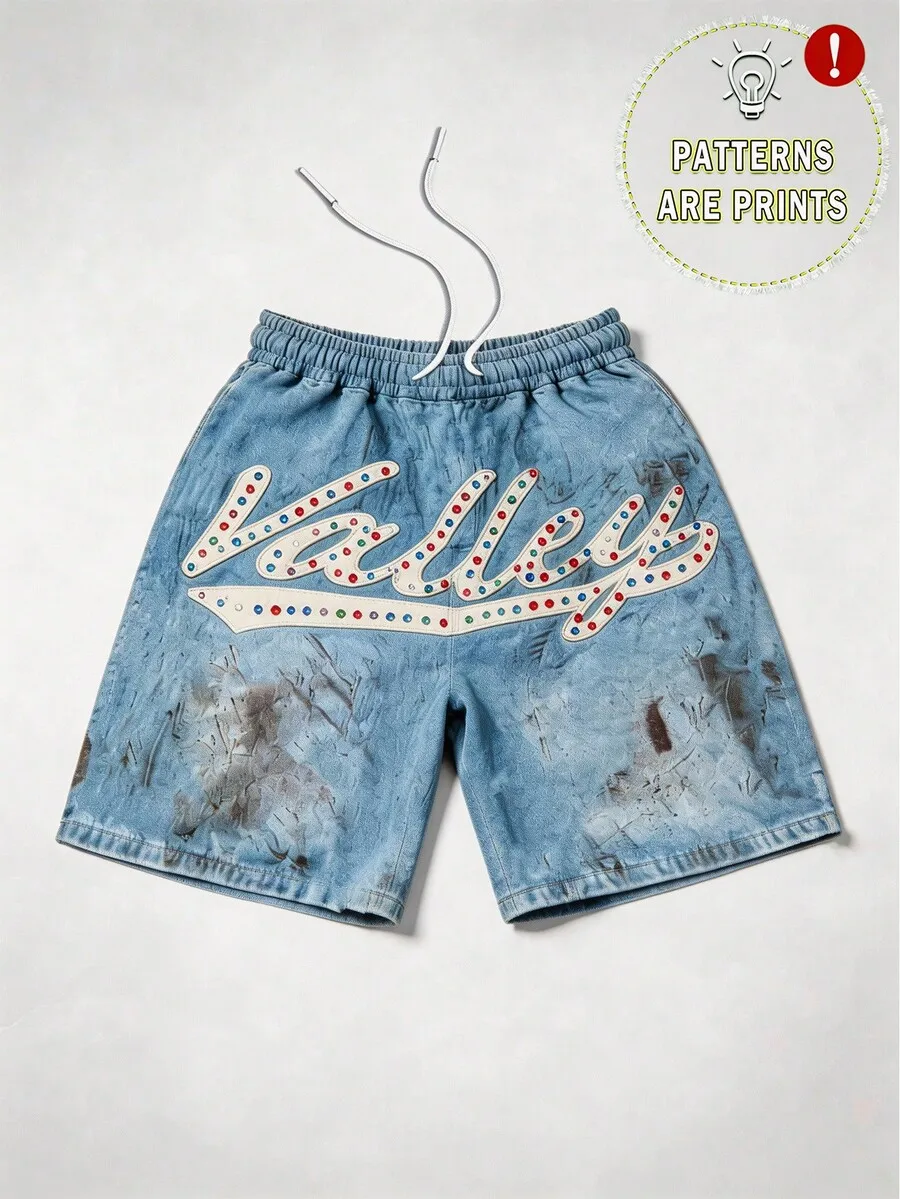 

Mens Distressed Denim Shorts With Statement Print Casual Daily Wear