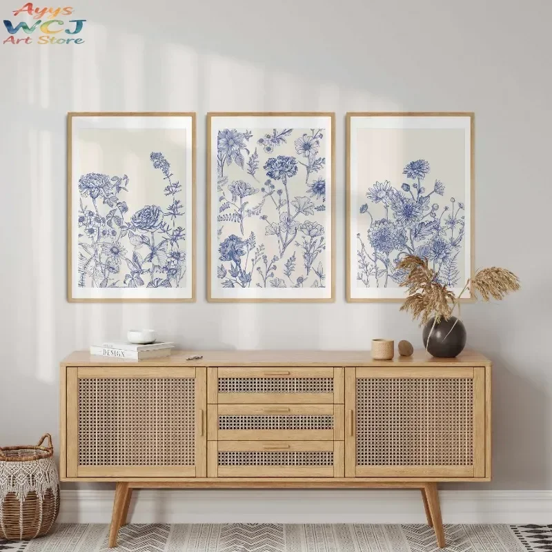 Blue Botanical Chinoiserie Poster Minimalist Floral 3 Pieces Canvas Painting Modern Wall Art Picture for Living Room Home Dec