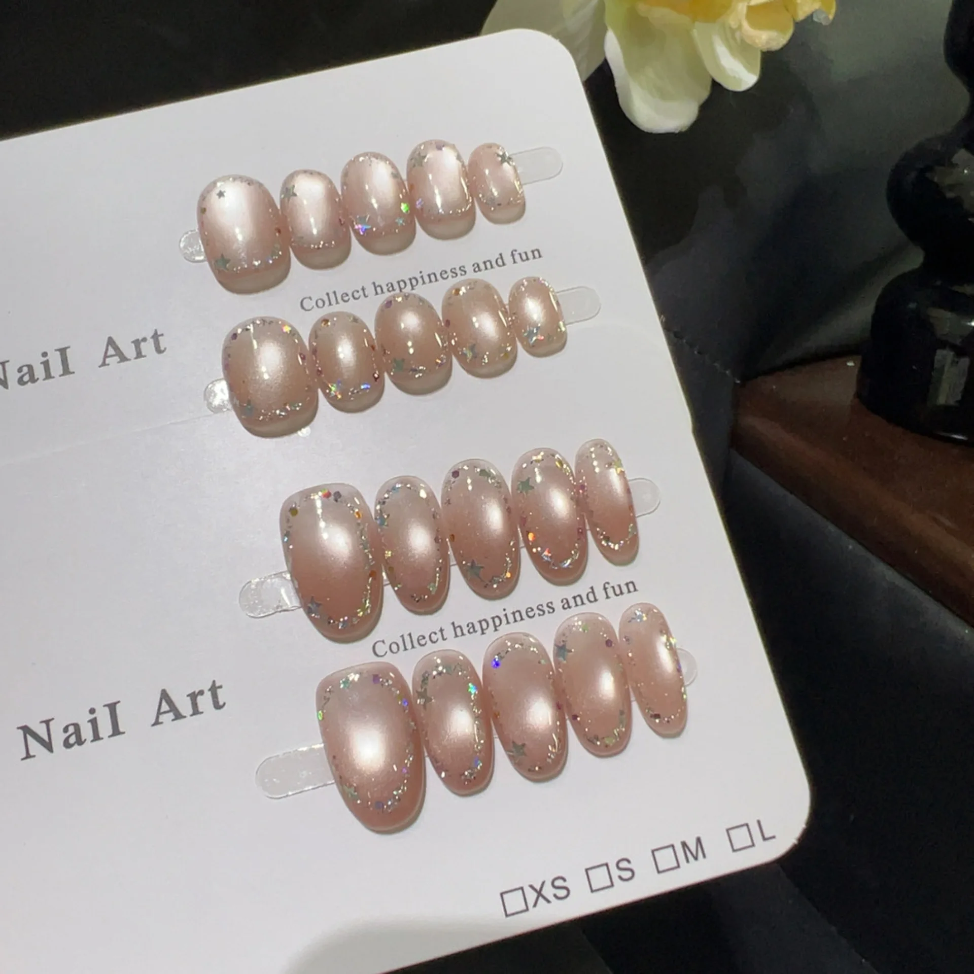 10pcs Handmade Short Press on Nails Nude Pink Crystal Glass Beads Cat Eye Glitter Sequins Design False Nails Wearable Nails Art